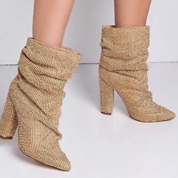 Embellished Crystal Pull On Pointed Toe Block Heel Ankle Boots Gold Women Size 8 - Picture 1 of 8